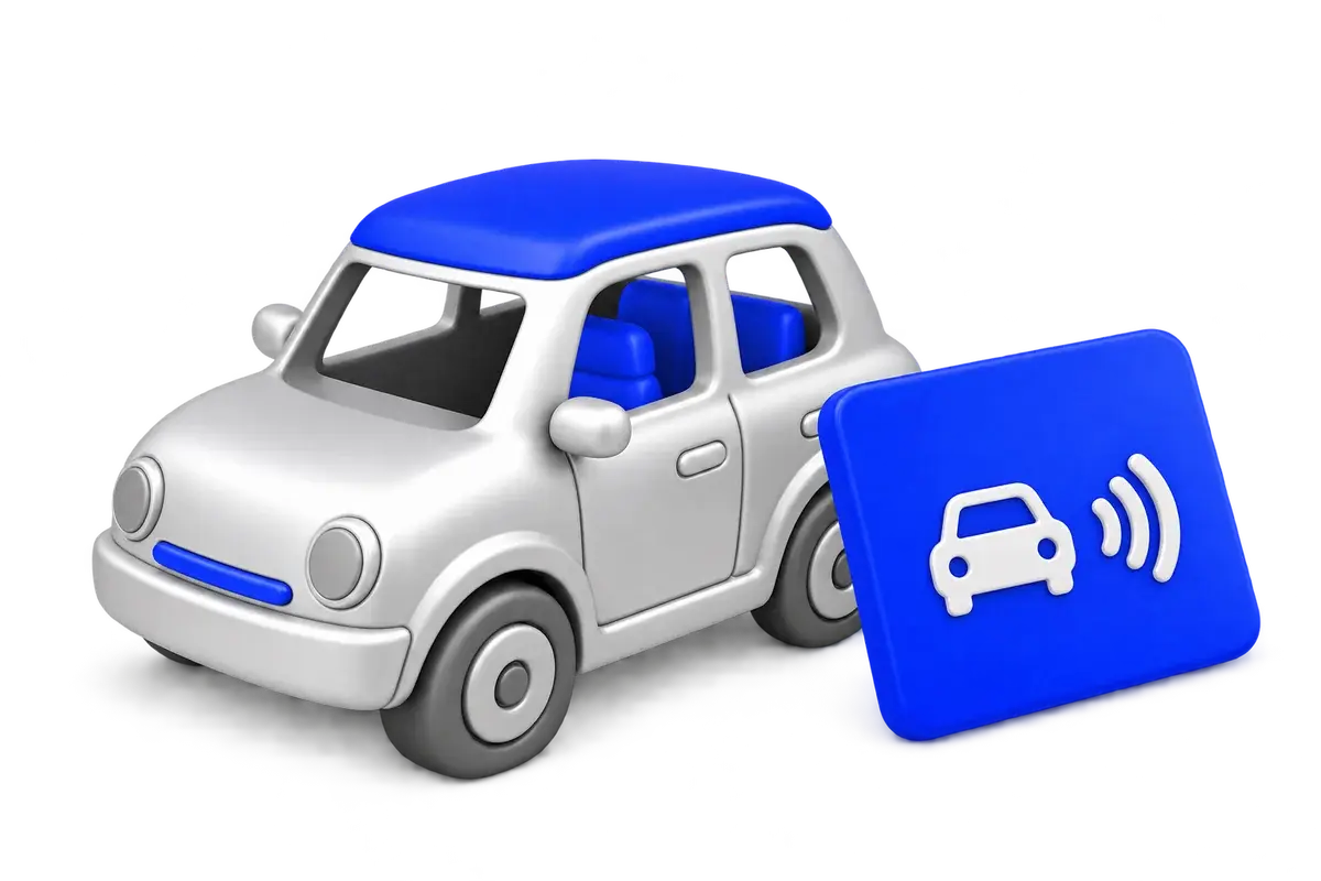 A blue Motor Ambos Smart Card beside a car